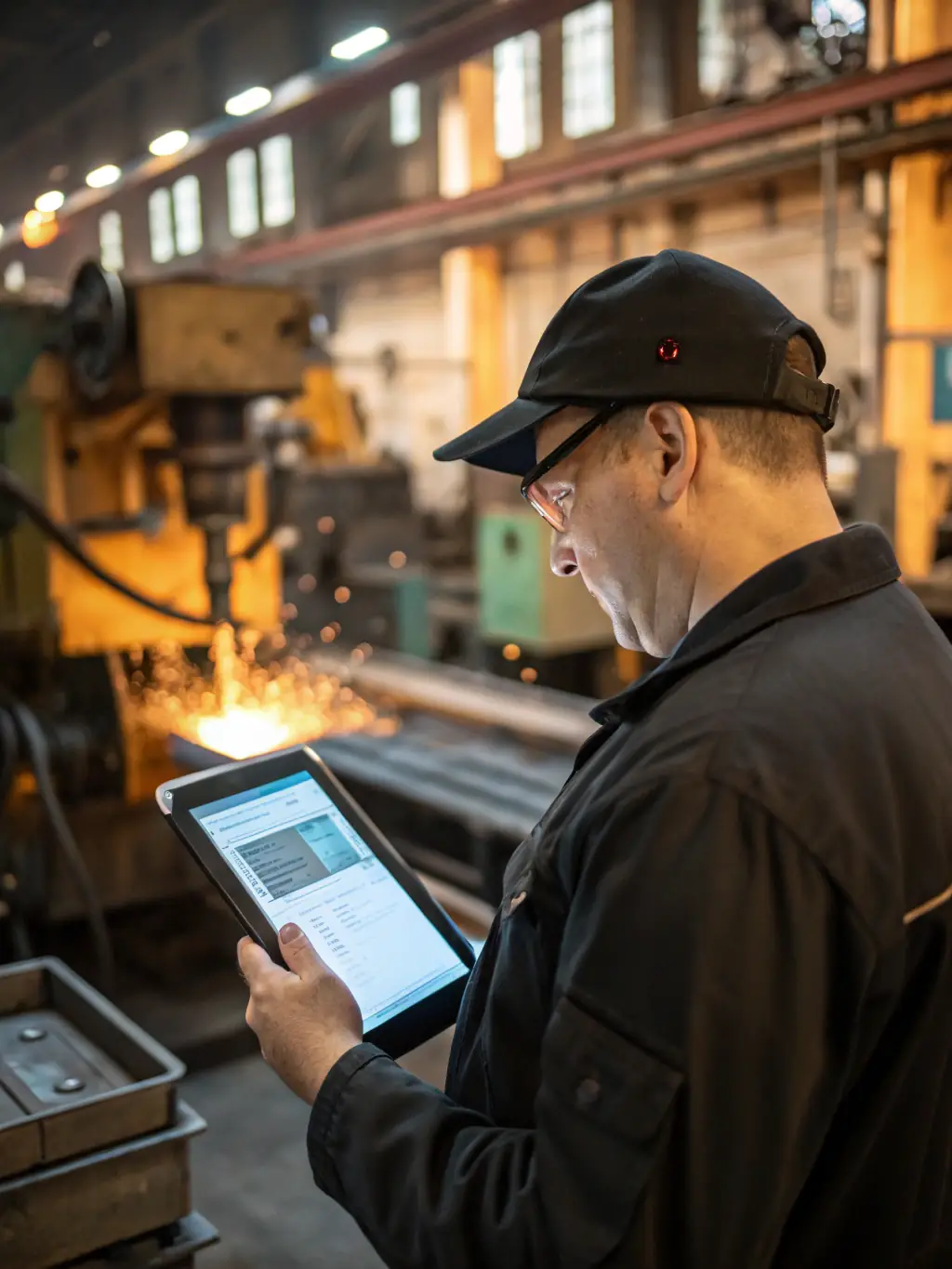 A technician using a tablet to view data from the IdeIndus platform while standing next to a large industrial machine. The scene conveys efficiency and proactive maintenance.