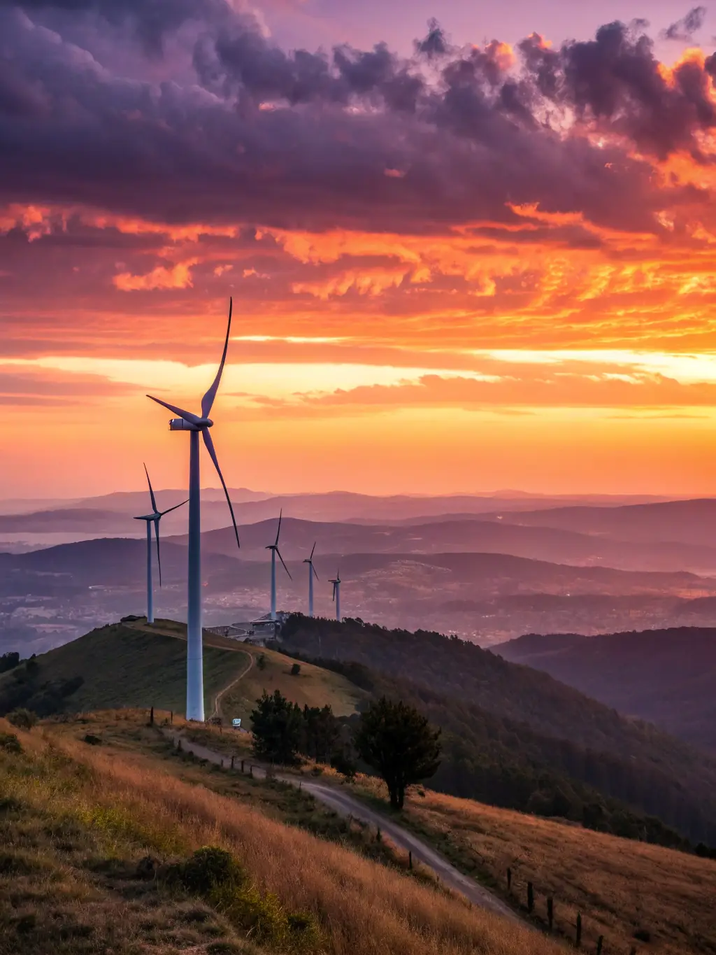 A wind turbine farm at sunset, emphasizing the importance of reliable energy production and IdeIndus's role in monitoring and maintaining wind turbines.