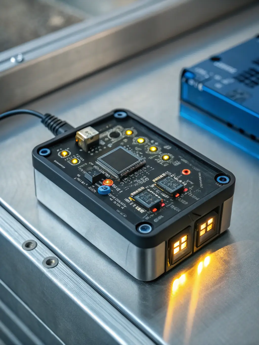 A close-up shot of an IdeIndus sensor attached to a piece of industrial machinery, capturing vibration data. The background is slightly blurred to emphasize the sensor.
