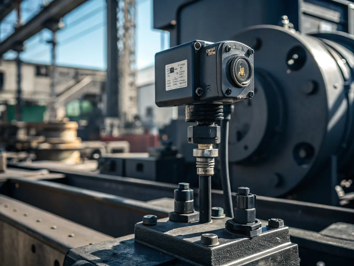 A close-up shot of a Wi-care™ sensor attached to industrial machinery, highlighting its role in automated data collection for predictive maintenance.