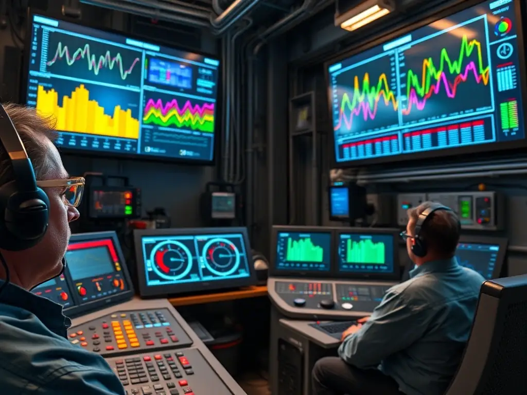 A digital dashboard displaying real-time equipment health metrics and predictive maintenance alerts in a modern industrial control room setting, emphasizing improved uptime.