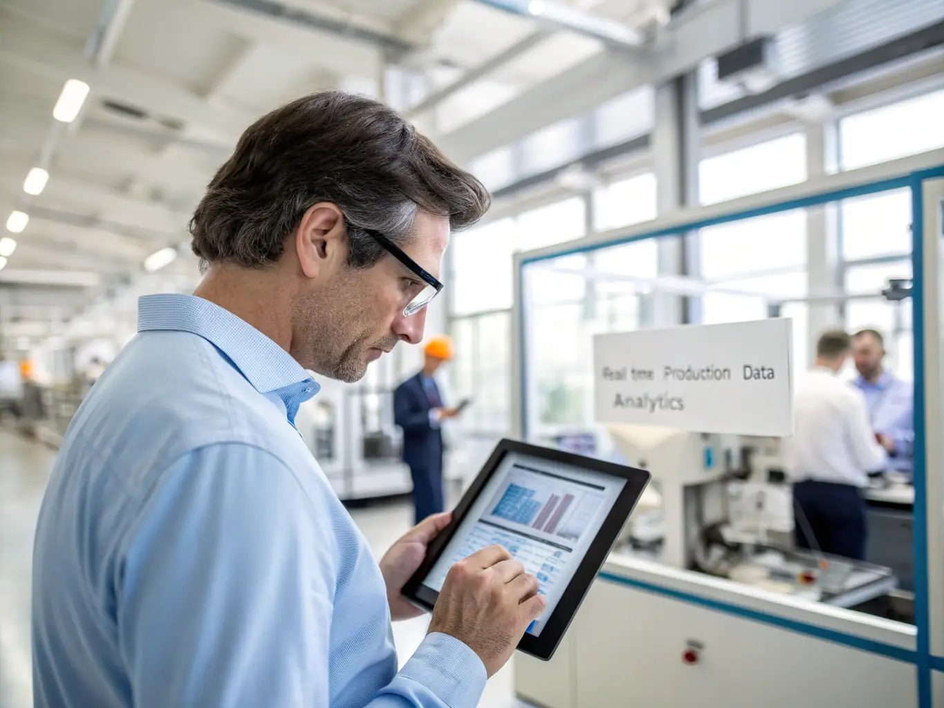 An industrial worker using a tablet to inspect equipment, with augmented reality overlays providing real-time diagnostics and safety information, highlighting enhanced safety.