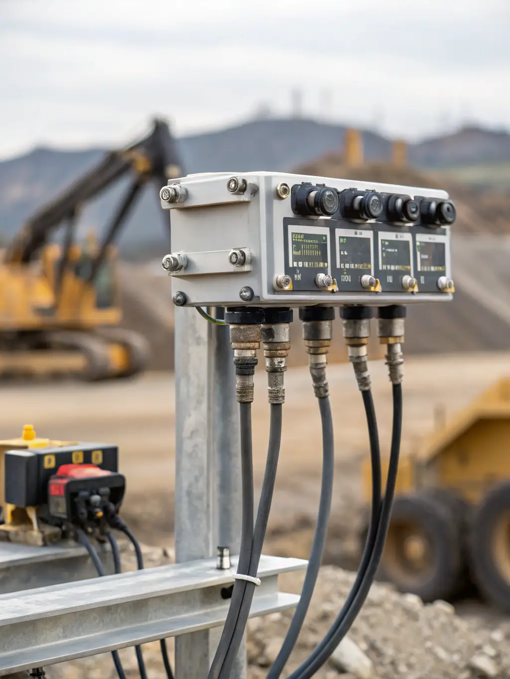 A close-up shot of a robust, industrial-grade sensor device mounted on a piece of heavy machinery in a factory setting, highlighting its durability and connectivity.