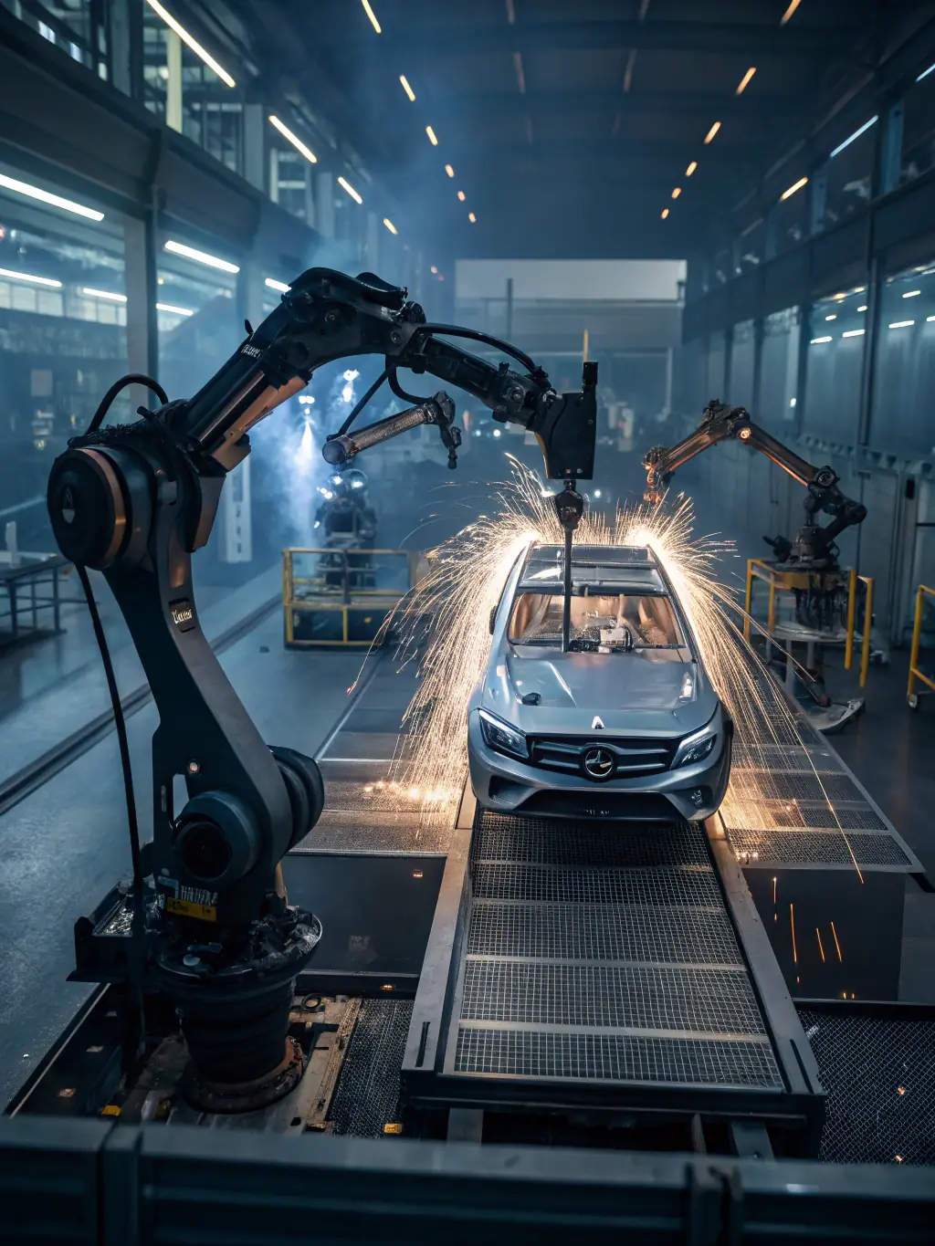 A modern automotive assembly line with robots welding car frames, showcasing IdeIndus's solutions for predictive maintenance in the automotive industry.