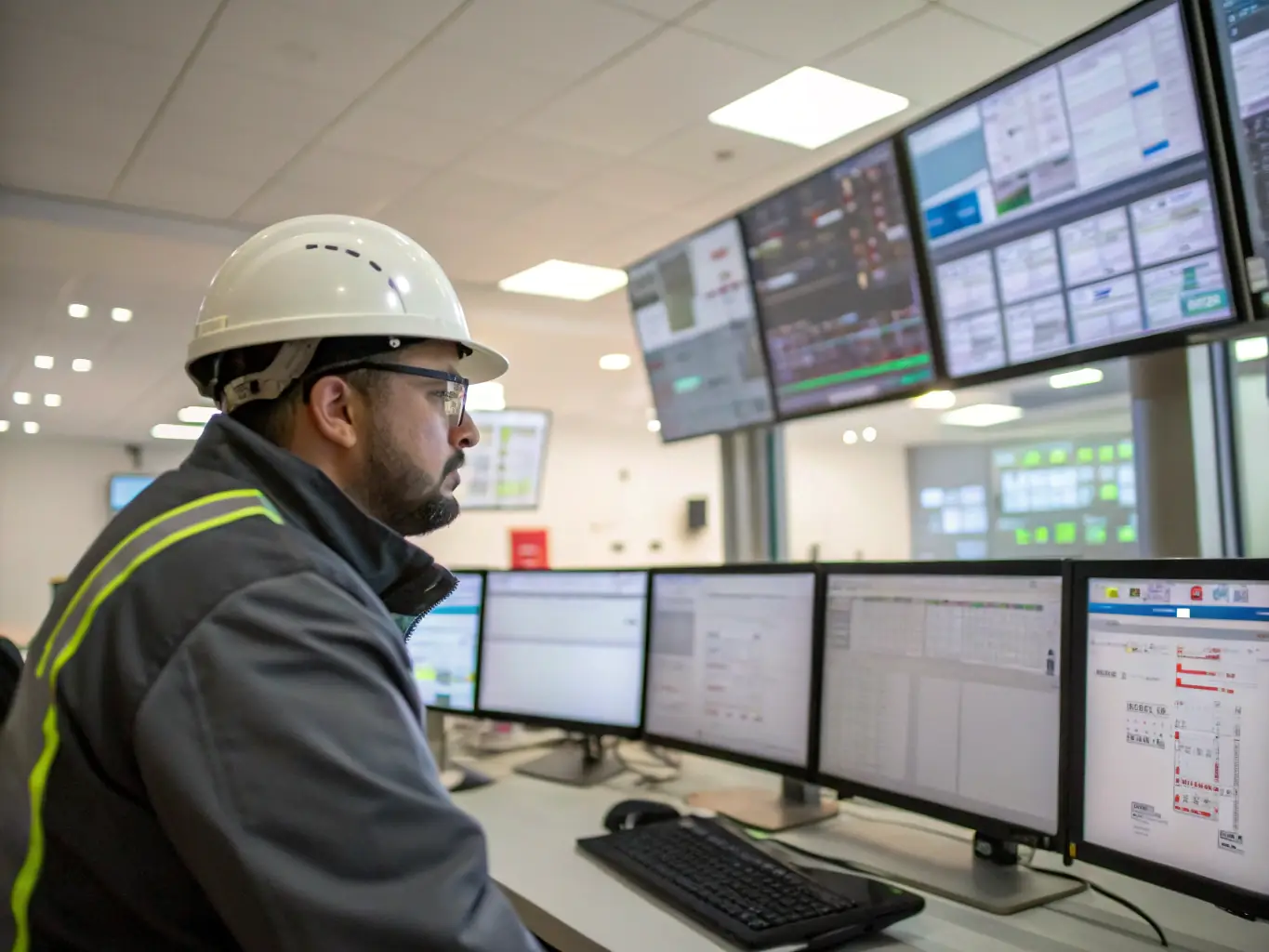 A high-resolution image depicting a technician using a tablet to monitor real-time data from industrial machinery, showcasing the IoT device's monitoring capabilities.
