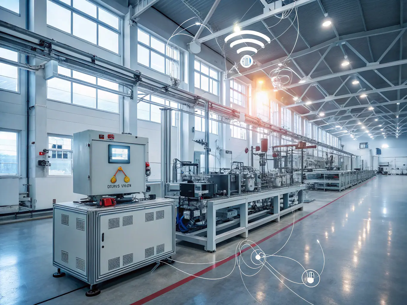 An image illustrating a connected factory environment, with various sensors and devices communicating seamlessly, emphasizing the device's integration capabilities.
