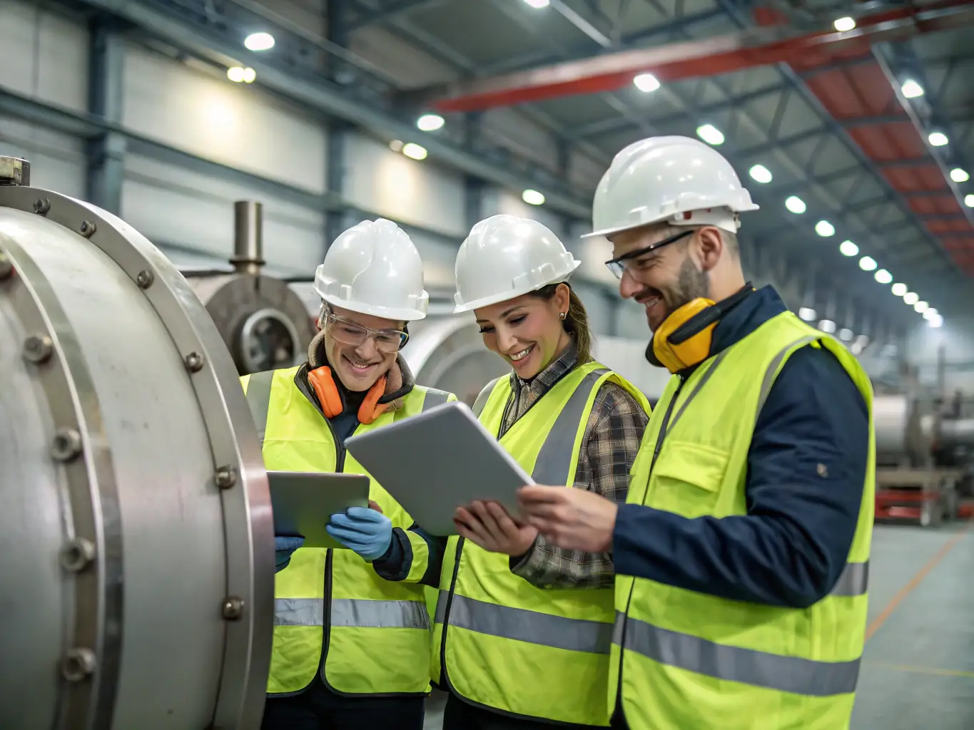 A photo of IdeIndus predictive maintenance experts analyzing data and providing recommendations to a client in an industrial setting.